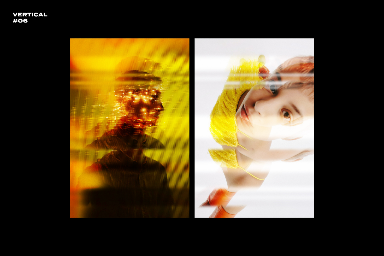 Abstract digital collage featuring a silhouette and a close-up portrait with vibrant yellow hues. Perfect for graphic design projects, templates, or mockups.