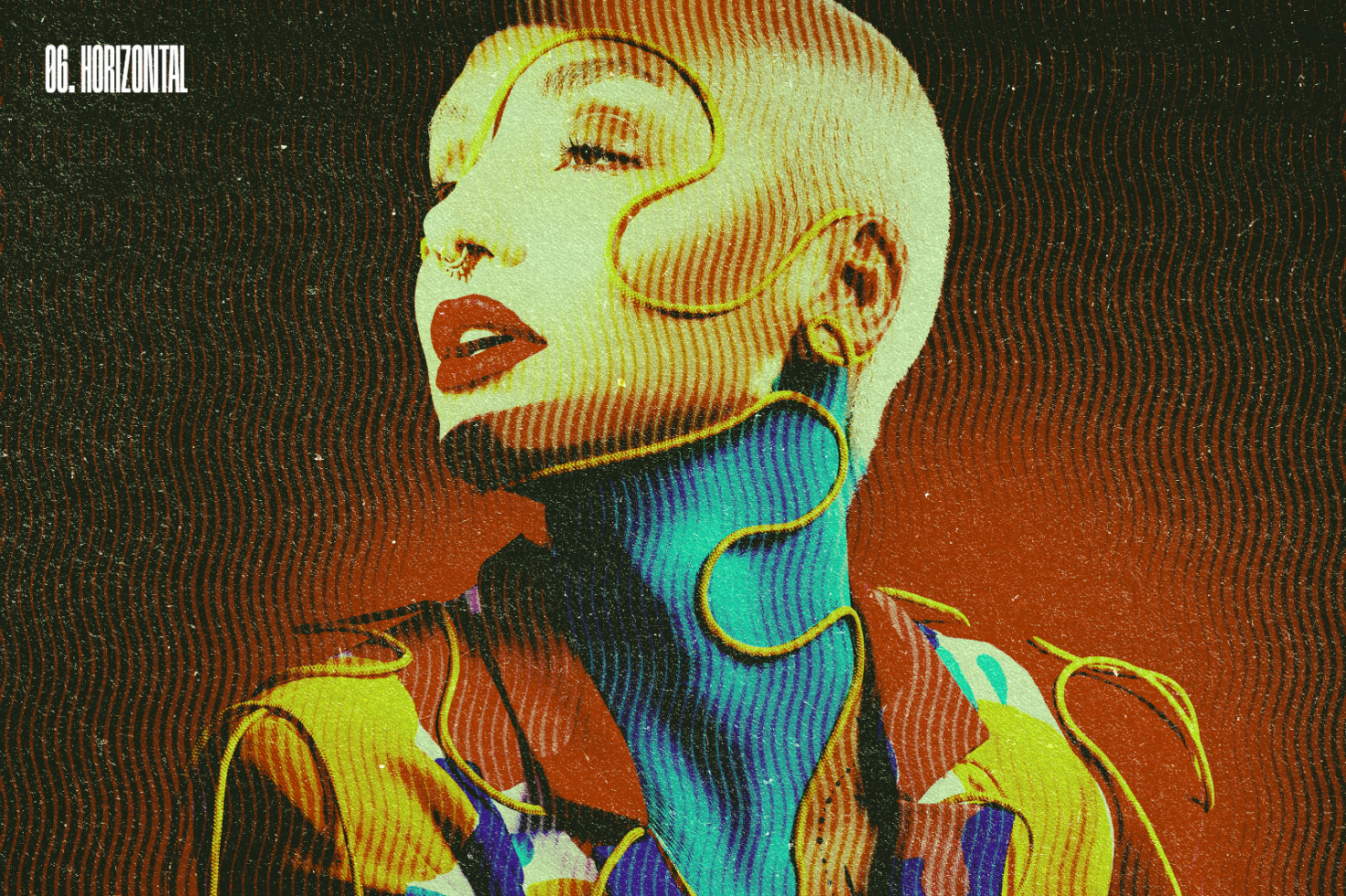 Vibrant digital artwork with a bold stylized portrait featuring textured waves, vibrant colors, and a futuristic aesthetic. Perfect for graphic design projects.