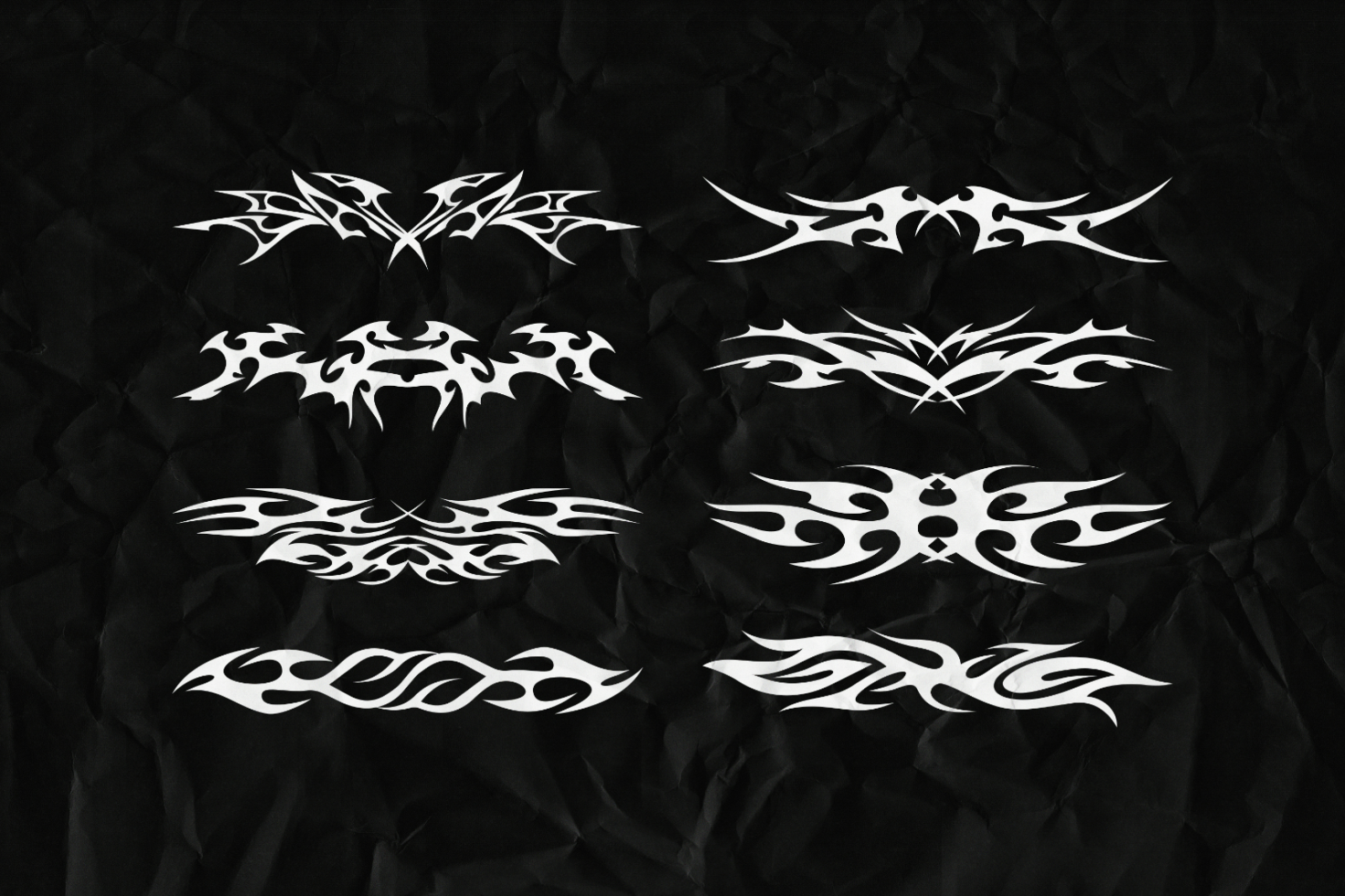 Set of vector tribal tattoo designs in black and white. Ideal for graphic design projects, illustrations, and logo creation. Suitable for templates and graphics.