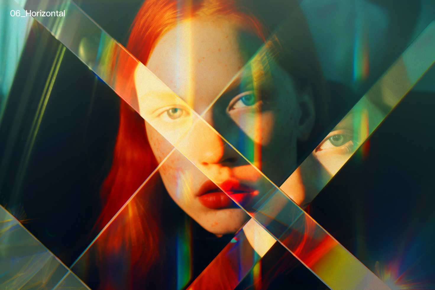 Abstract photo mockup, featuring a woman with red hair and colorful light reflections. Great for designers in need of unique graphics and creative templates.