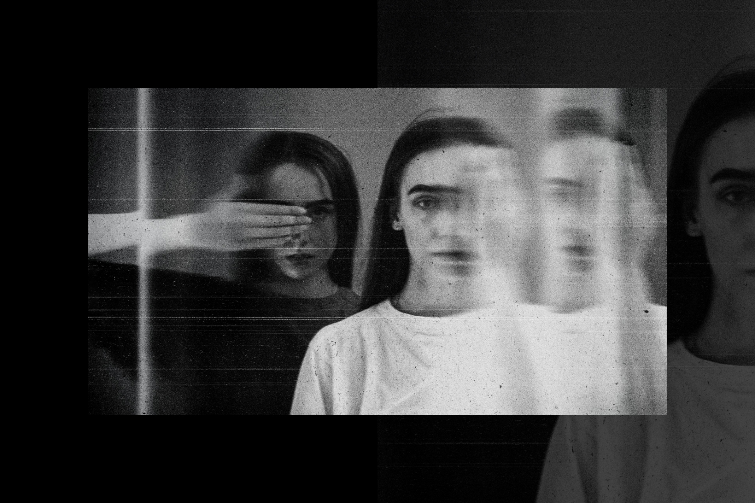 Surreal black and white image featuring a young woman with blurred effects and multiple exposure overlay, ideal for digital graphic design projects and art templates.