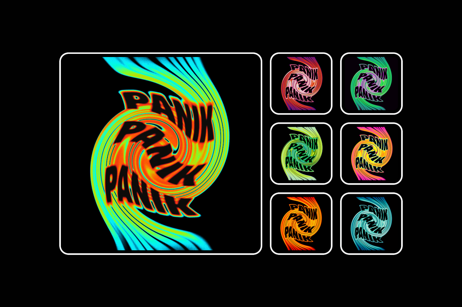 Abstract digital graphic set with swirling text effect. Multiple vibrant color variations included. Ideal for designers seeking unique typography graphics.