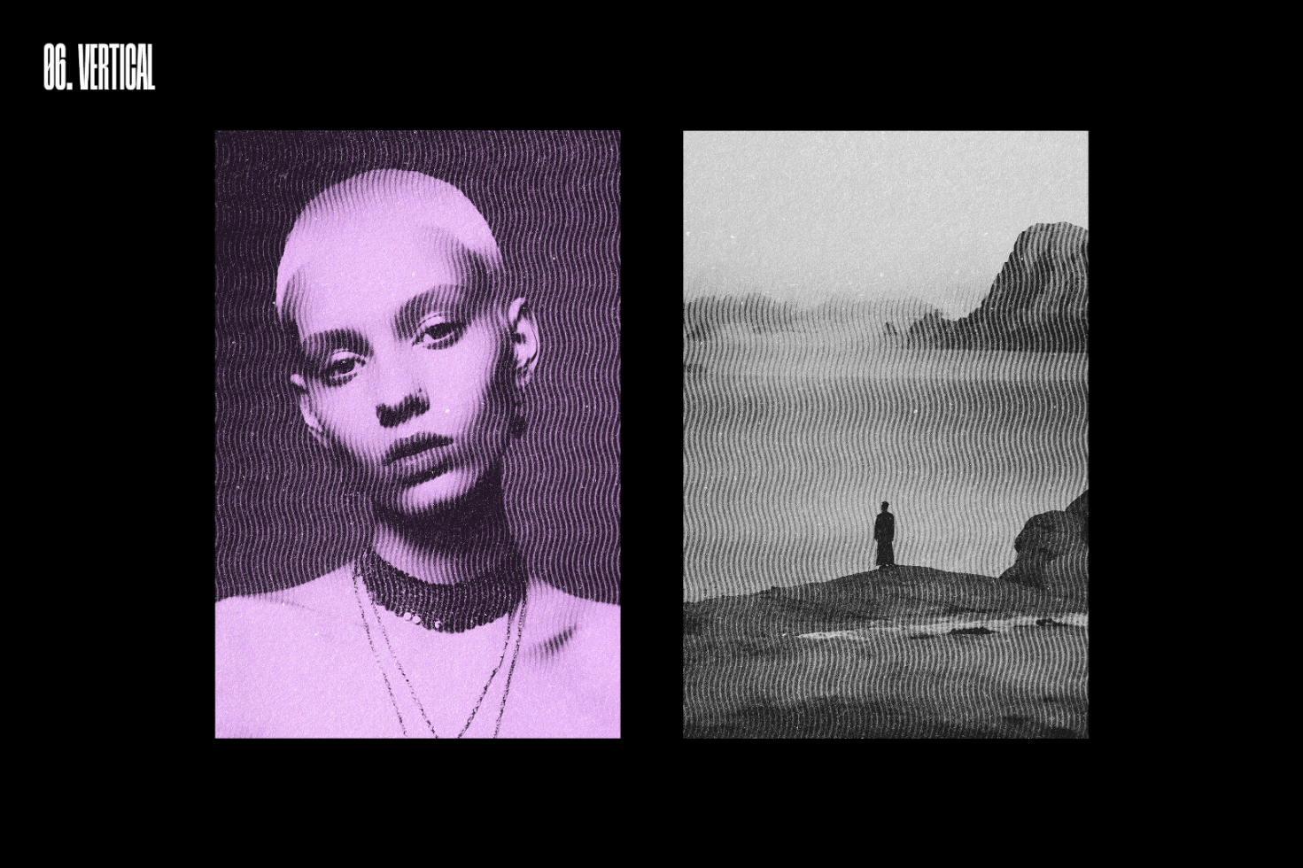 Distorted wavy vertical duo-tone portraits: one of a person with a shaved head, the other of a person standing on a foggy landscape. Graphic design template.