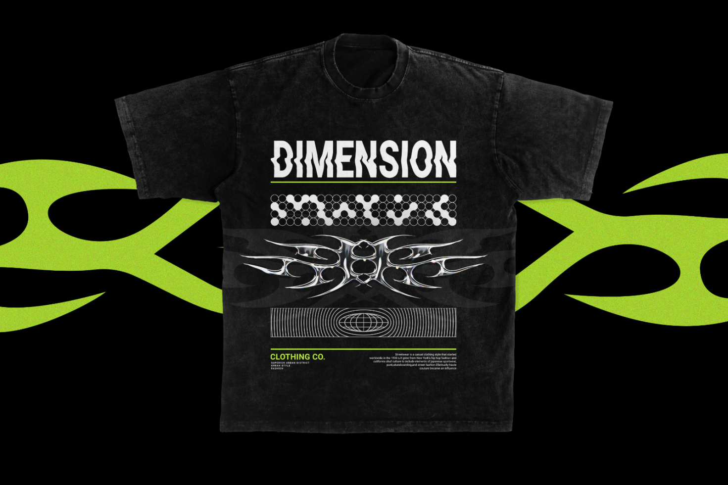 Graphic design of a black T-shirt with abstract silver and neon green elements suitable for templates and mockups on digital asset marketplace for designers.