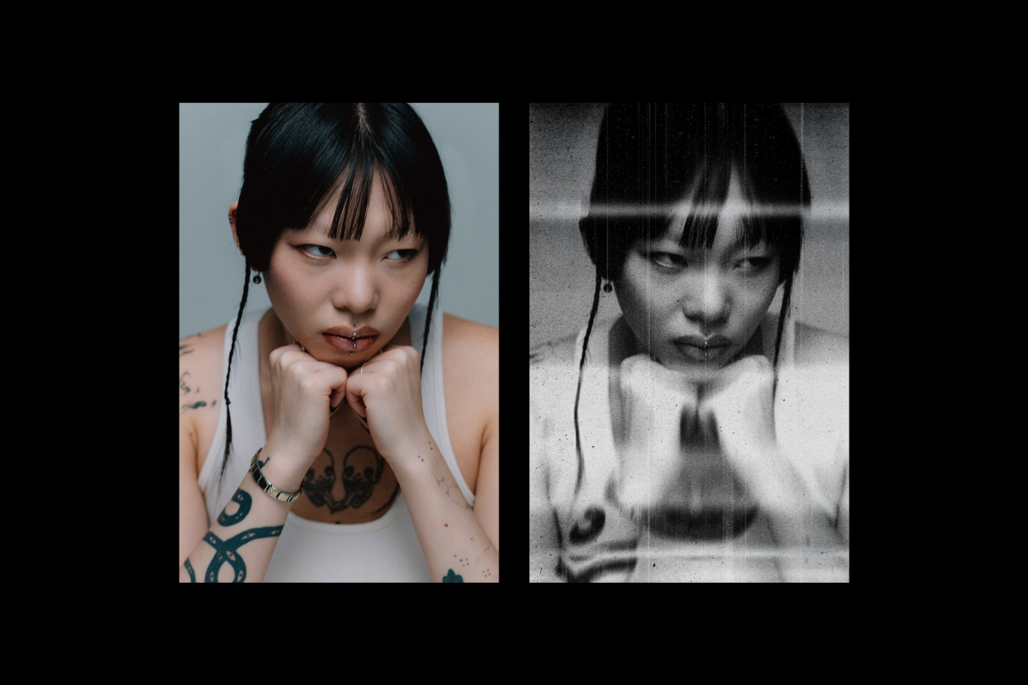 Side-by-side color and black-and-white portraits featuring a person with tattoos and piercings. Ideal for designers seeking diverse photography assets.