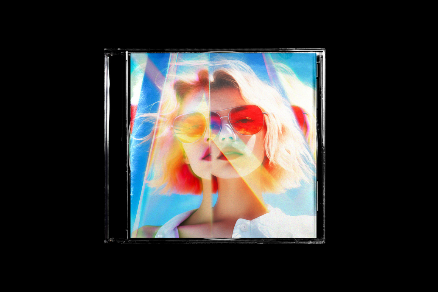 CD case mockup featuring a vibrant cover design with an abstract woman's face wearing red sunglasses. Perfect for album art, graphics, templates.