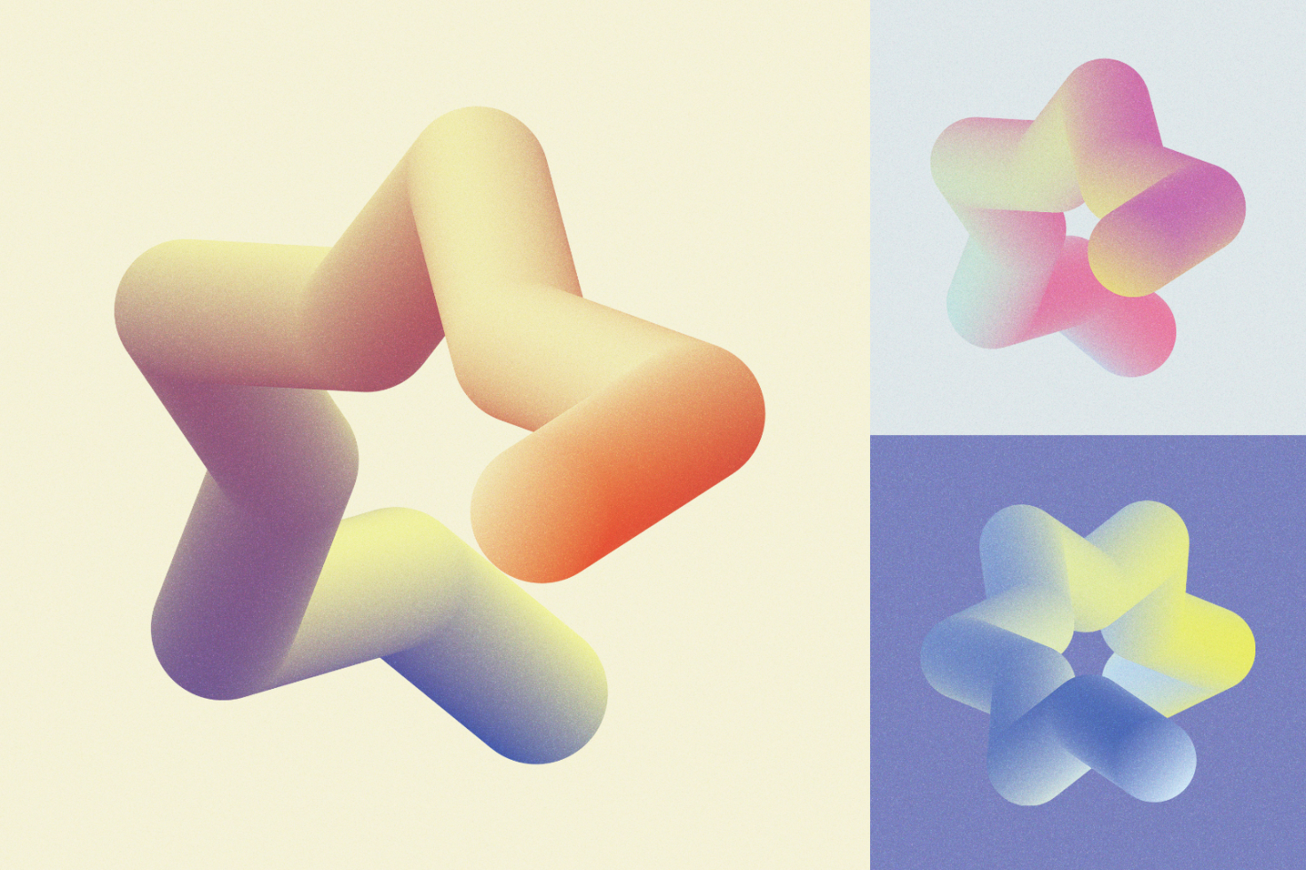 Gradient star shape illustrations in three color variations, ideal for modern graphic design projects, digital art, branding, and creative templates.