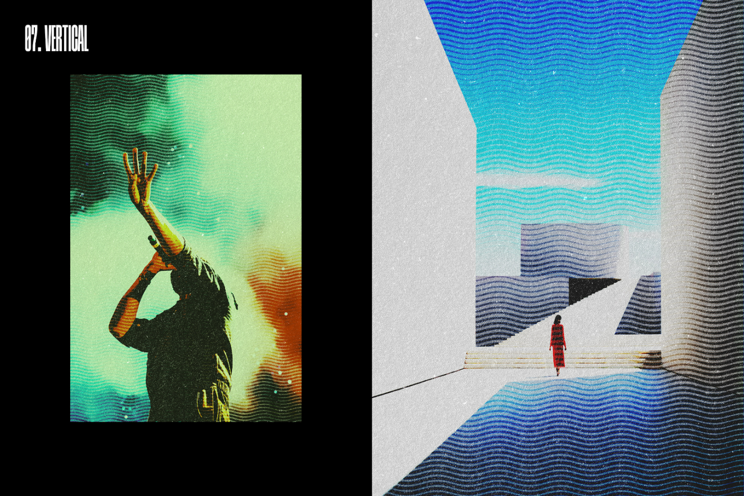 Digital asset featuring abstract graphics divided into two parts; left with a person on stage, right with minimalistic architectural scene. Ideal for graphic designers.