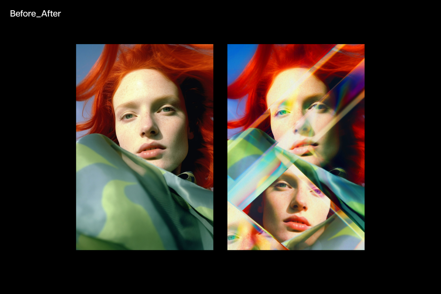 Before and after creative photo editing featuring a woman with red hair. Ideal for graphic designers, showcasing editing effects for mockups and templates.