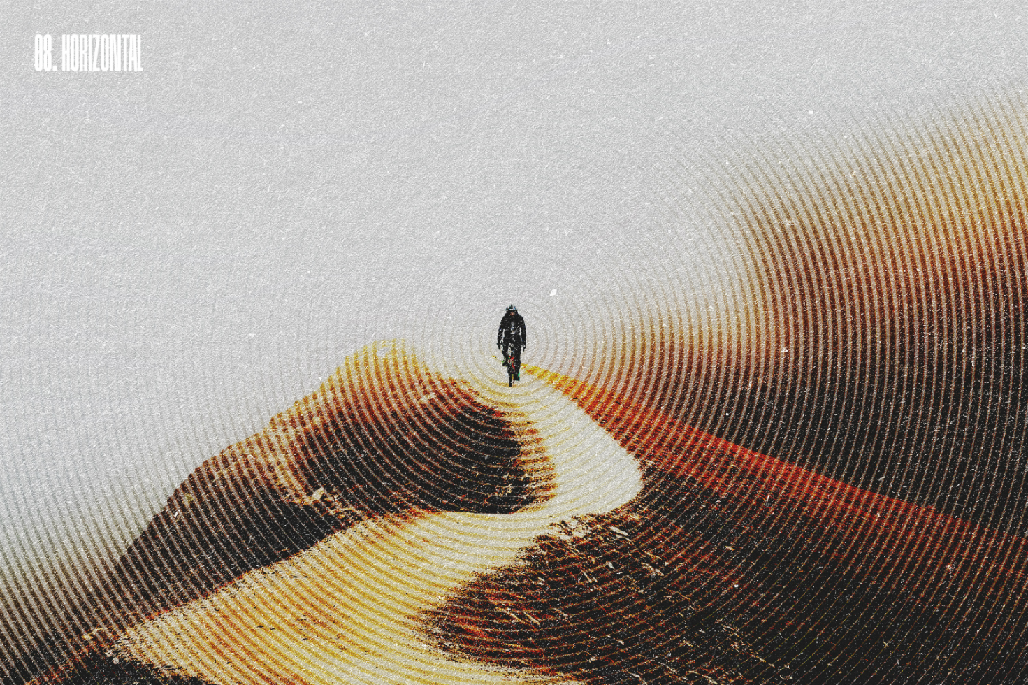 Surreal graphic of a lone figure walking on a winding path across textured landscape, suitable for designers in the Graphics category seeking unique artwork.