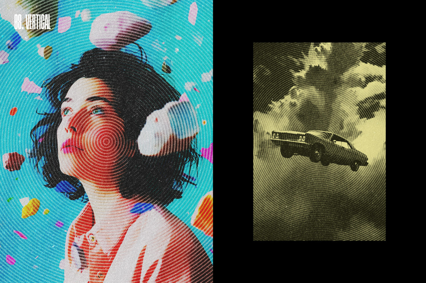 Colorful digital art featuring a woman surrounded by floating objects and a retro car airborne against clouds. Ideal for graphic design templates or mockups.