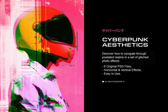 Cyberpunk aesthetics mockup with pixelated glitched effects featuring a helmeted figure. Includes six PSD files, horizontal and vertical effects, and is easy to use.