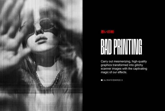 Glitchy scanner effect graphic template displaying distorted black and white portrait of a person in sunglasses with a prominent noise texture perfect for designers