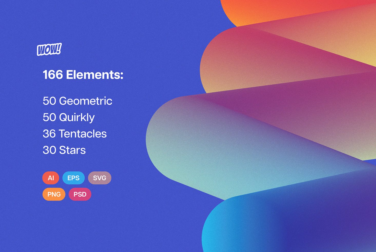 Colorful abstract graphic with text listing 166 design elements including geometric, quirky, tentacles, stars in AI, EPS, SVG, PNG, PSD formats for designers.