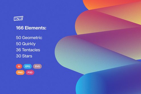 Colorful abstract graphic with text listing 166 design elements including geometric, quirky, tentacles, stars in AI, EPS, SVG, PNG, PSD formats for designers.