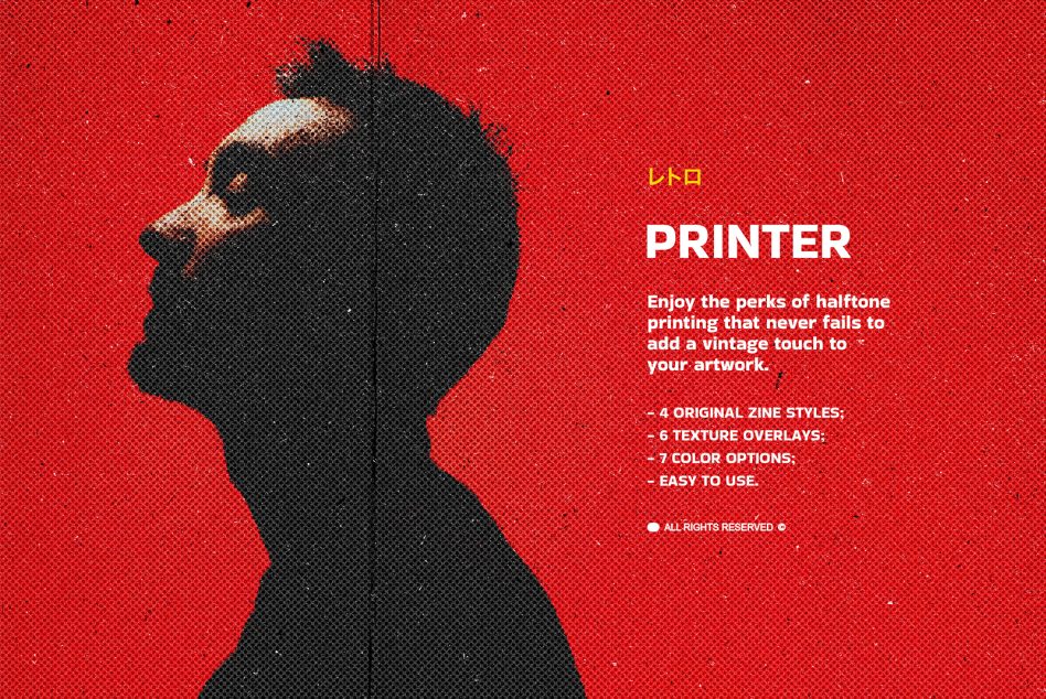 Retro halftone printer effect mockup with bold red background, pixelated portrait silhouette