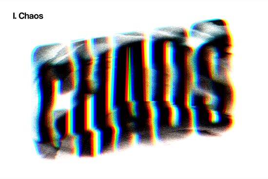 Glitch effect typography design with the word Chaos. Perfect for creating unique graphic projects. Category: Fonts, Graphics, Templates. Enhance your designs.