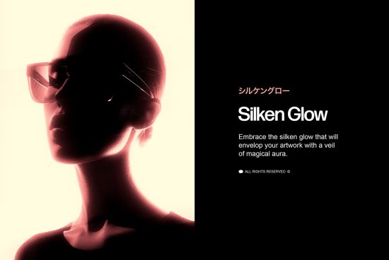 Silhouette of a person wearing sunglasses against a light background with the text Silken Glow, ideal for use in graphic design templates and mockups.