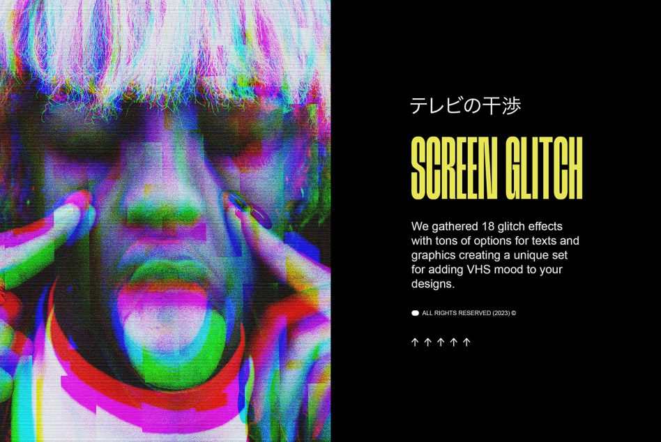 Vibrant RGB glitch effect with neon colors, scanlines, distorted shapes on black background