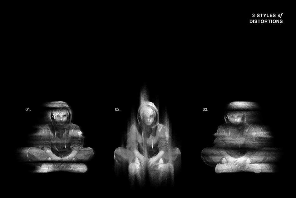 Three grainy photo distortion effects applied to portrait of person in hoodie on black background