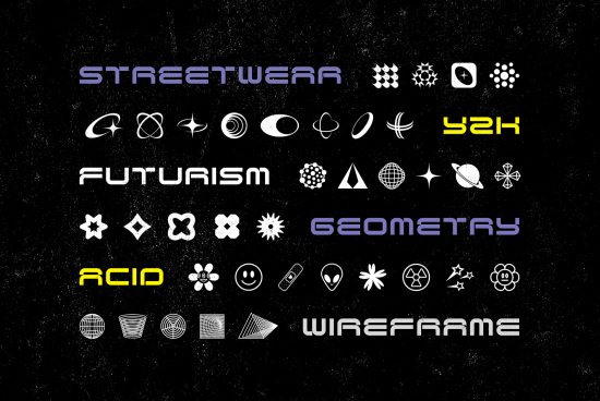 Collection of design elements with text Futurism, Geometry, Streetwear, Acid, Y2K, Wireframe. Includes icons and symbols for digital graphic assets.