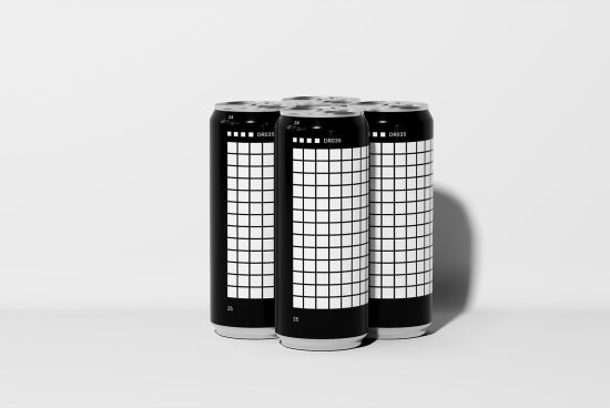 Minimalist soda can mockup featuring a pack of four black aluminum cans with a white grid design. Ideal for branding, packaging concepts, and drink product presentations