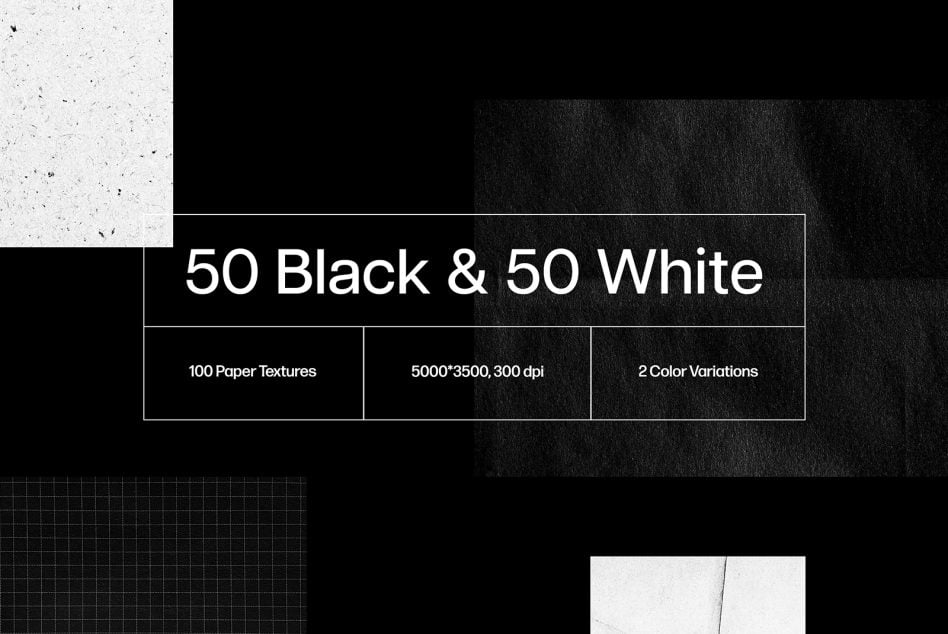 Paper texture pack showing 100 high-res files in black or white with speckled finishes