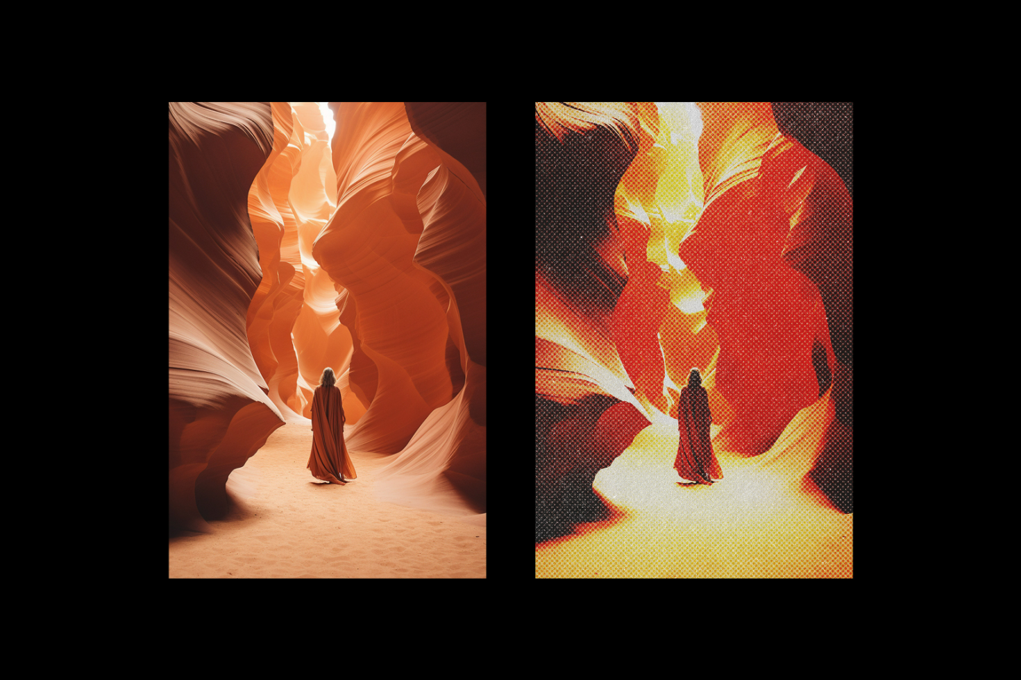 Image of a person in a vibrant canyon with two variations: realistic photo and abstract graphic design. Suitable for digital asset marketplace, category graphics.