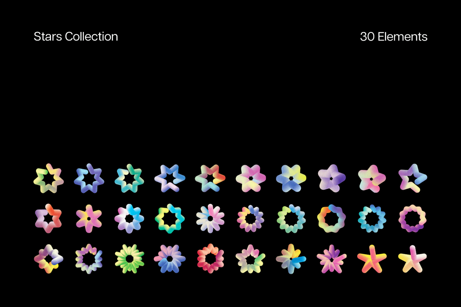 Stars collection with 30 colorful star elements on a black background. Ideal for designers in need of graphics, icons, templates, or digital assets.