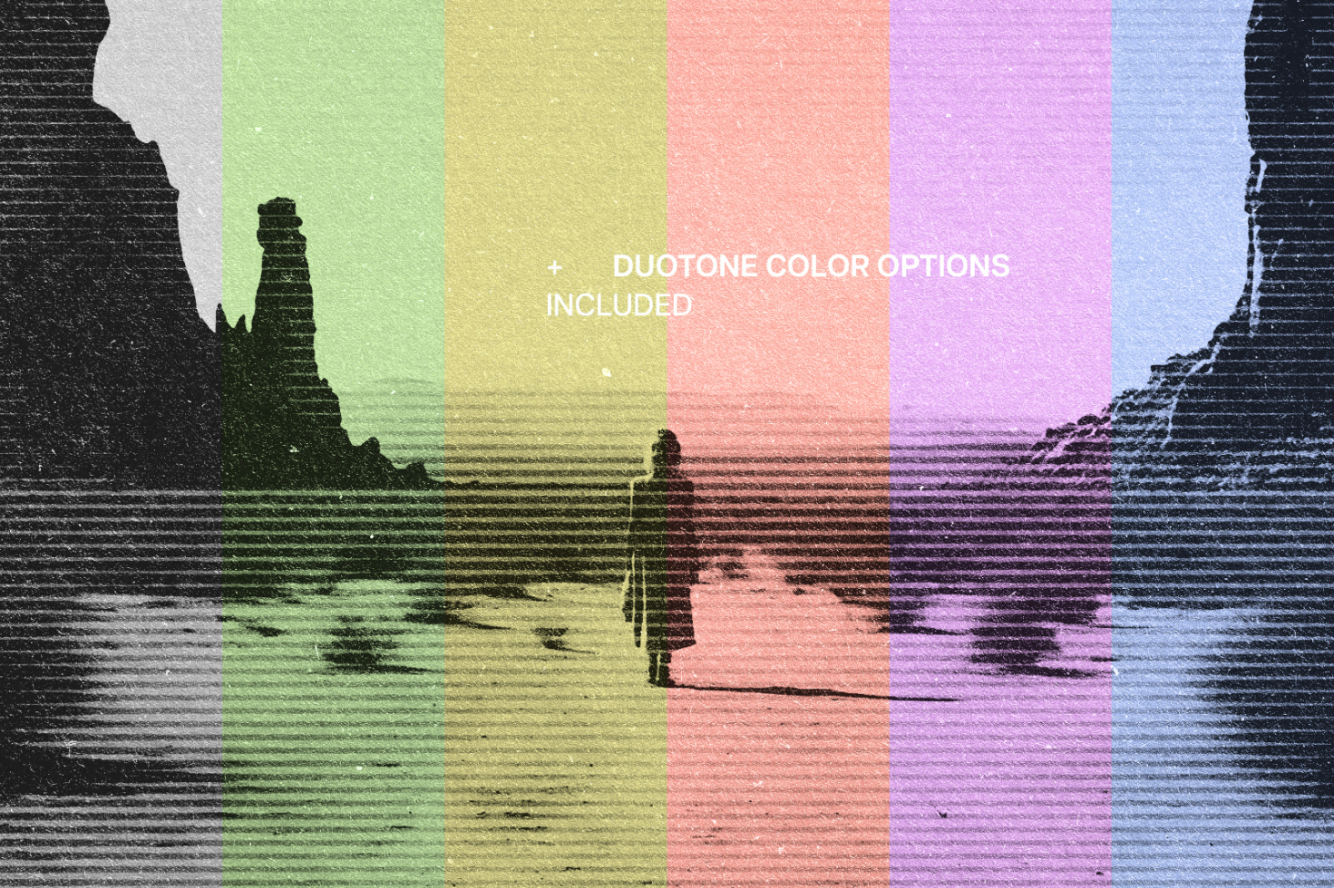 Duotone graphic template featuring a person on a beach with color options in green yellow pink purple blue; ideal for designers seeking versatile mockups.