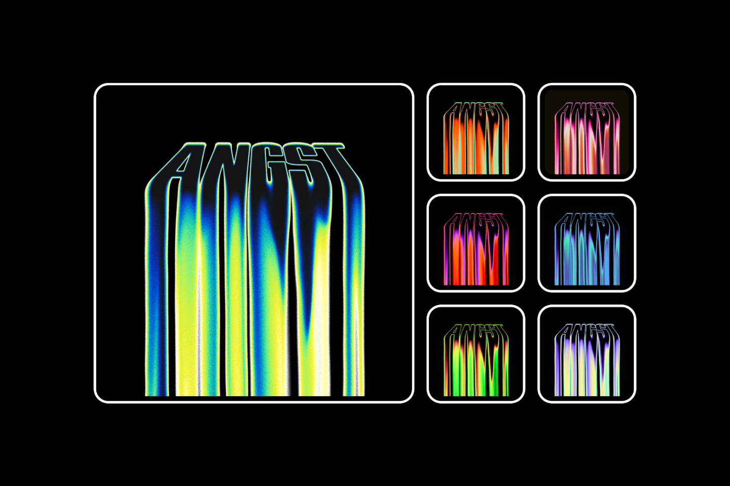 Abstract gradient text graphic featuring the word ANGST in varying color schemes. Suitable for digital assets, graphic design, templates, and mockups.