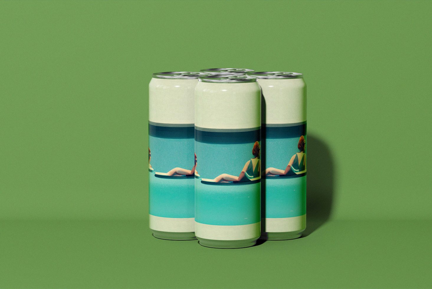 Four cans with summer-themed labels featuring a person in a pool on a green background. Ideal for mockups, product design, packaging design, and branding projects.