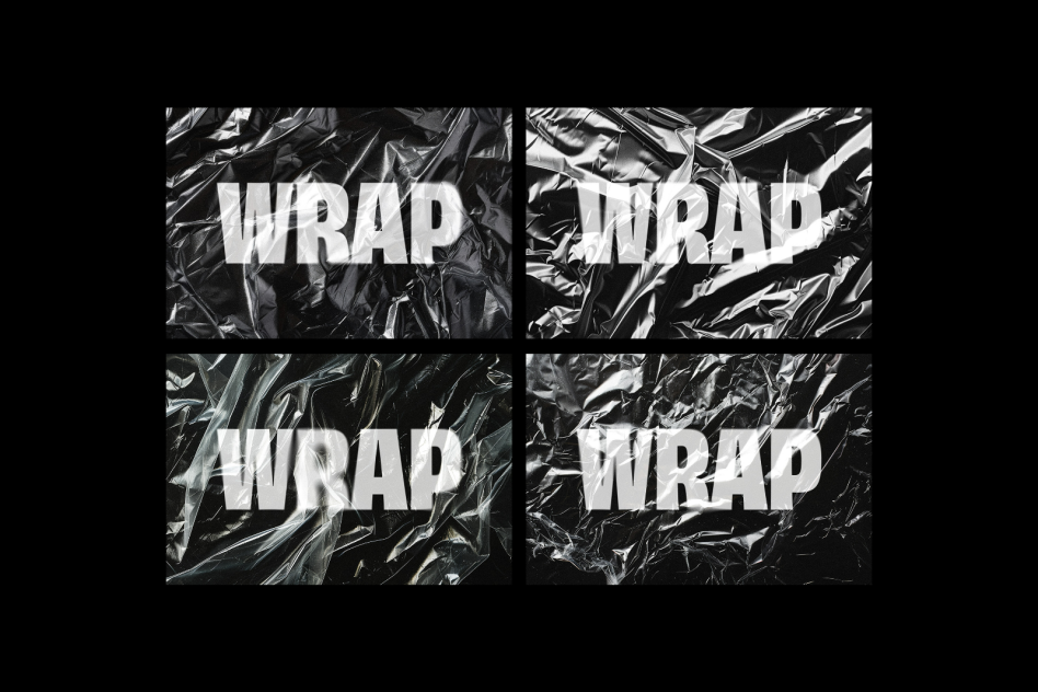 Plastic wrap texture mockup, featuring crinkled cling film with the word 'WRAP' overlay, ideal for designers working on packaging and texture projects.