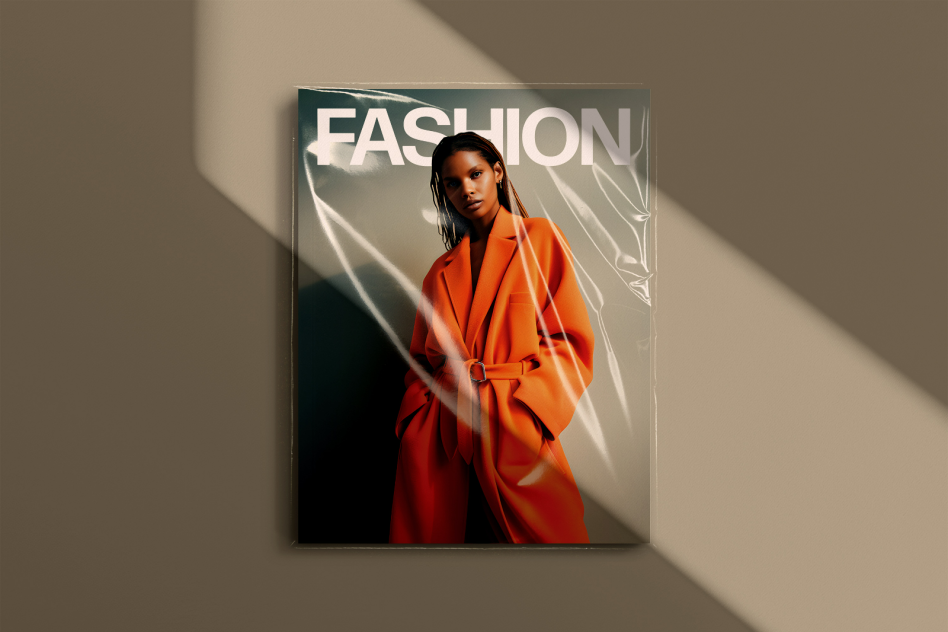 Poster mockup featuring a fashion magazine with a model in an orange coat. Ideal for designers. Highlight keywords: poster mockup, fashion magazine, designer assets.