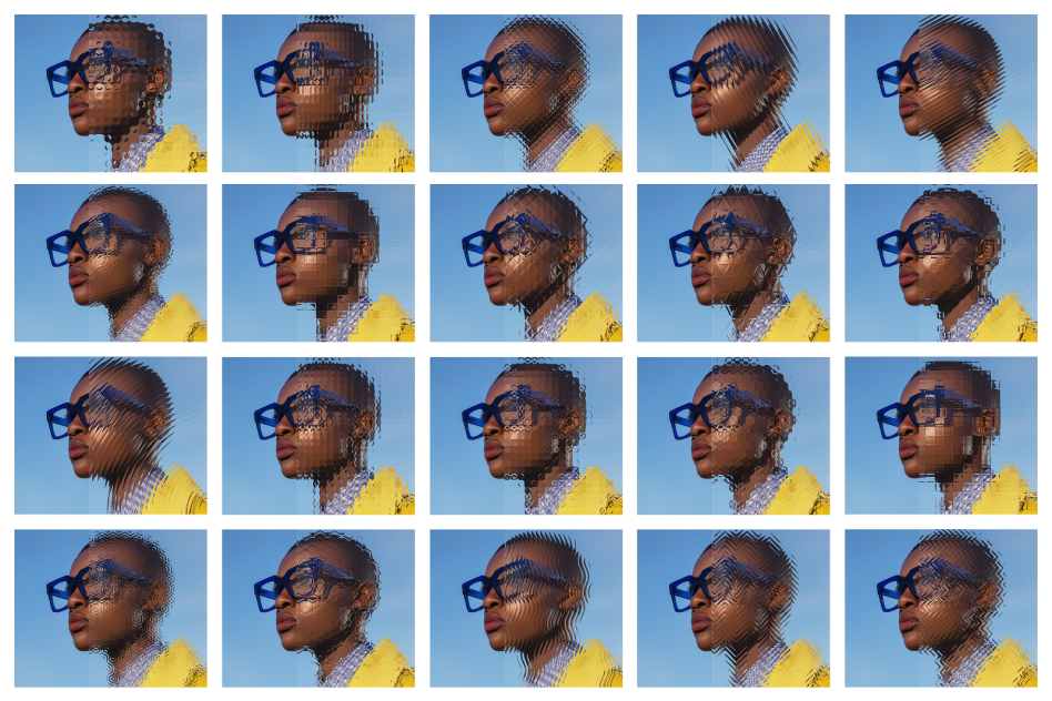 Collage of 20 grid portraits of a person with blue glasses and yellow jacket each distorted with different geometric patterns perfect for graphics and template design