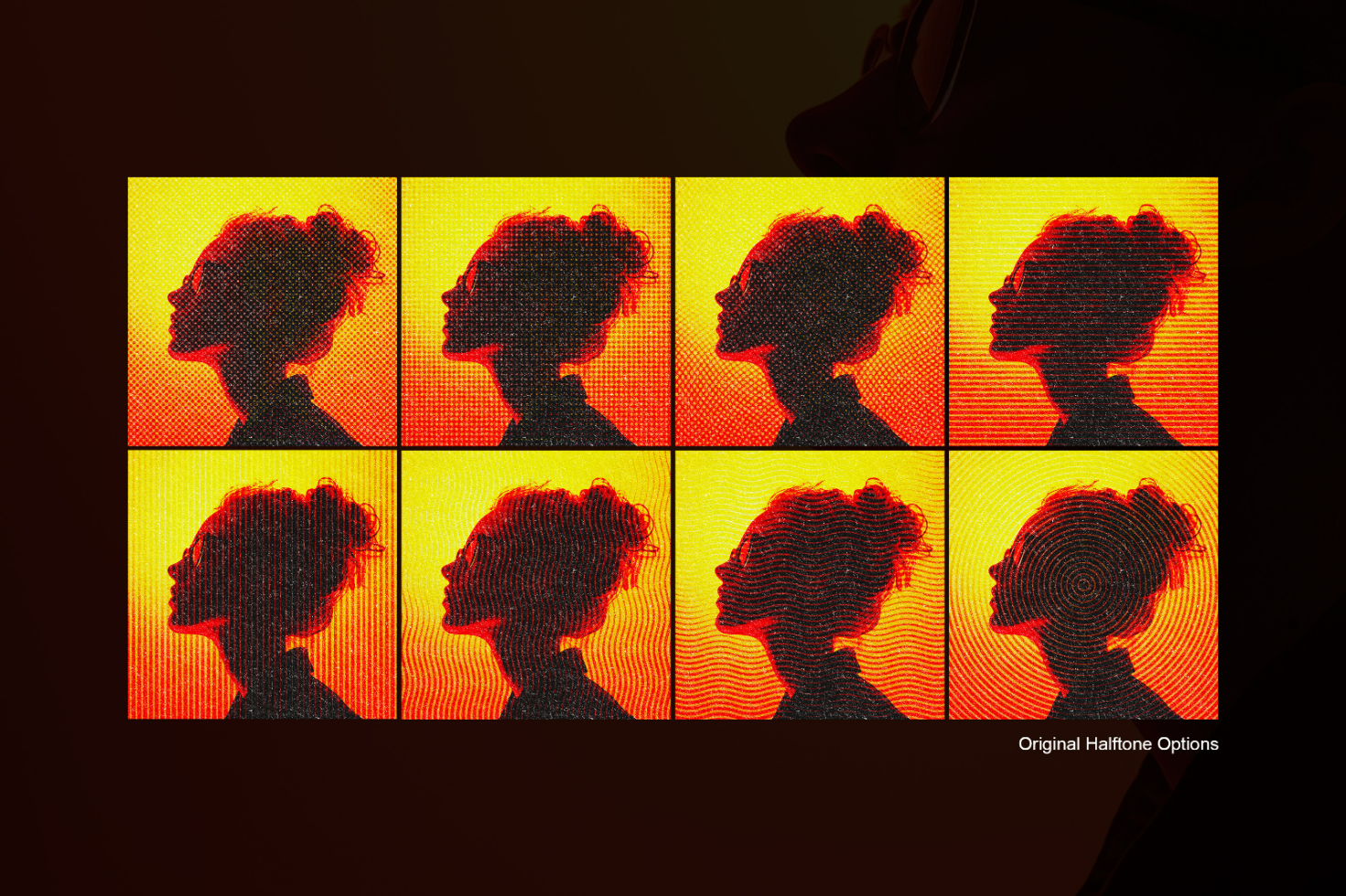 Eight halftone graphic effects featuring a side profile silhouette against a vibrant gradient background. Ideal for designers seeking graphics templates.