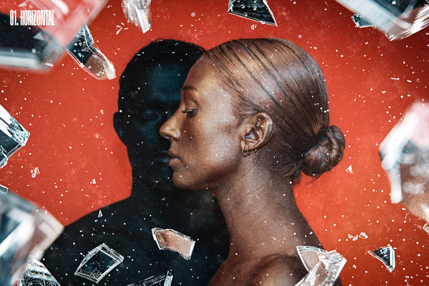 Artistic mockup featuring an African American woman against a red background, highlighted with shattered mirror glass, suitable for designers and creatives.