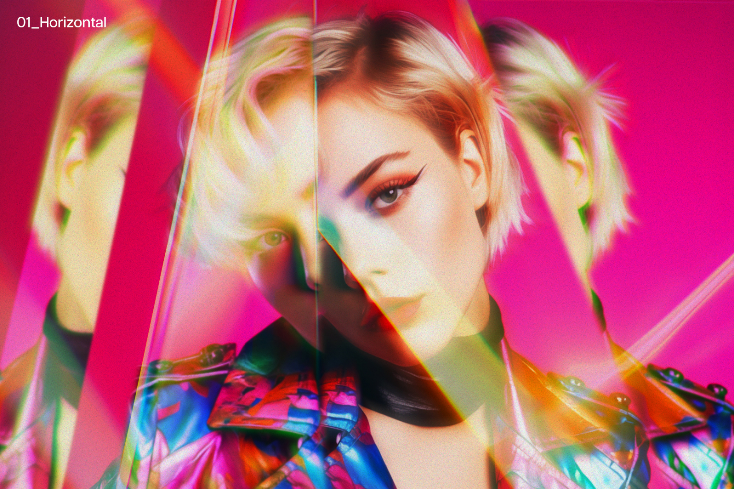 Vibrant digital art of a woman with blonde hair and colorful jacket, surrounded by abstract light effects and reflections, perfect for graphic design projects.