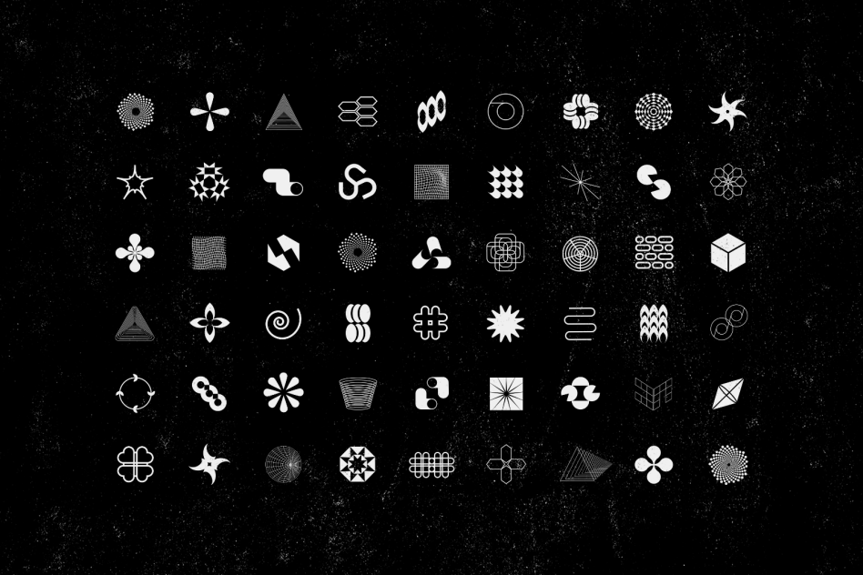 Set of abstract graphic elements digital assets for designers. Includes various geometric shapes and patterns in white on black. Suitable for templates, mockups.