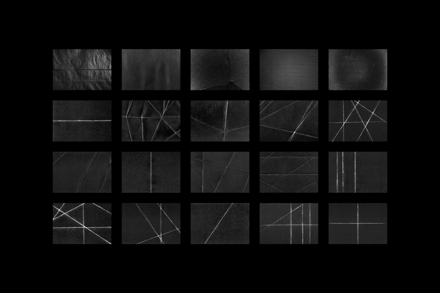 Grid of 20 dark abstract textured graphics with geometric patterns ideal for designers, suitable for backgrounds, templates, and creative design projects