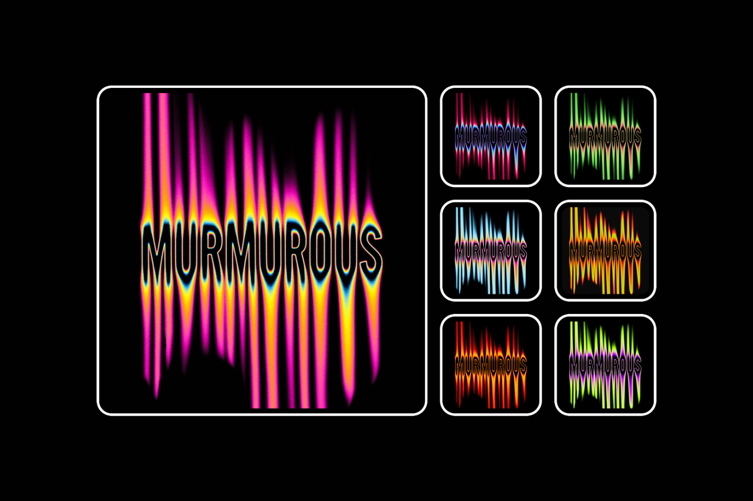 Colorful distorted text design with the word MURMUROUS in various neon hues. Suitable for use in graphics templates. Ideal for designers seeking vibrant text effects.