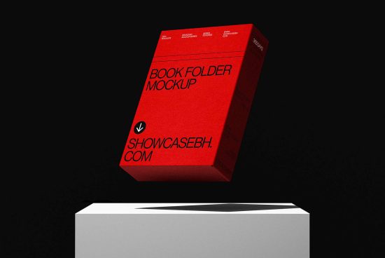Floating red box book folder mockup on dark background, designed for branding and packaging designers to showcase their work on Showcasebh, minimal style