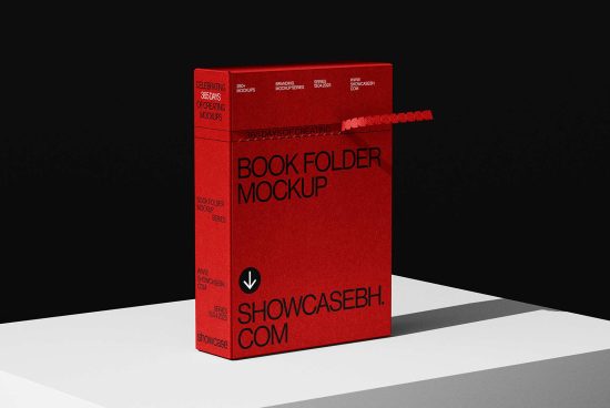 Red book folder mockup standing on a table against a black background ideal for showcasing branding designs SEO keywords book mockup folder design template