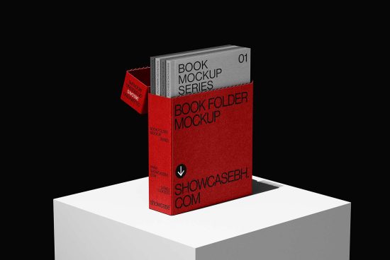 Book folder mockup with red cover and inserted gray booklets on a white pedestal. Ideal for showcasing branding designs, print templates and graphic design projects.