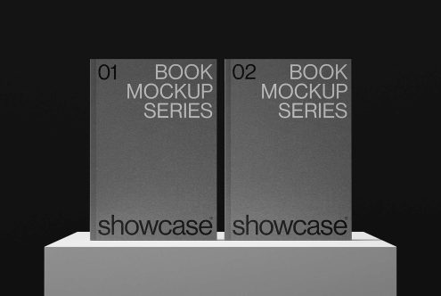 Two gray books labeled Book Mockup Series 01 and 02 placed side by side on a pedestal for showcasing graphic design, templates, and mockups for designers.