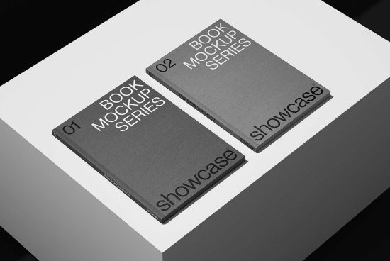 Two hardcover book mockups labeled Book Mockup Series showcase on a minimalist white and black surface, ideal for designers needing realistic book design presentations