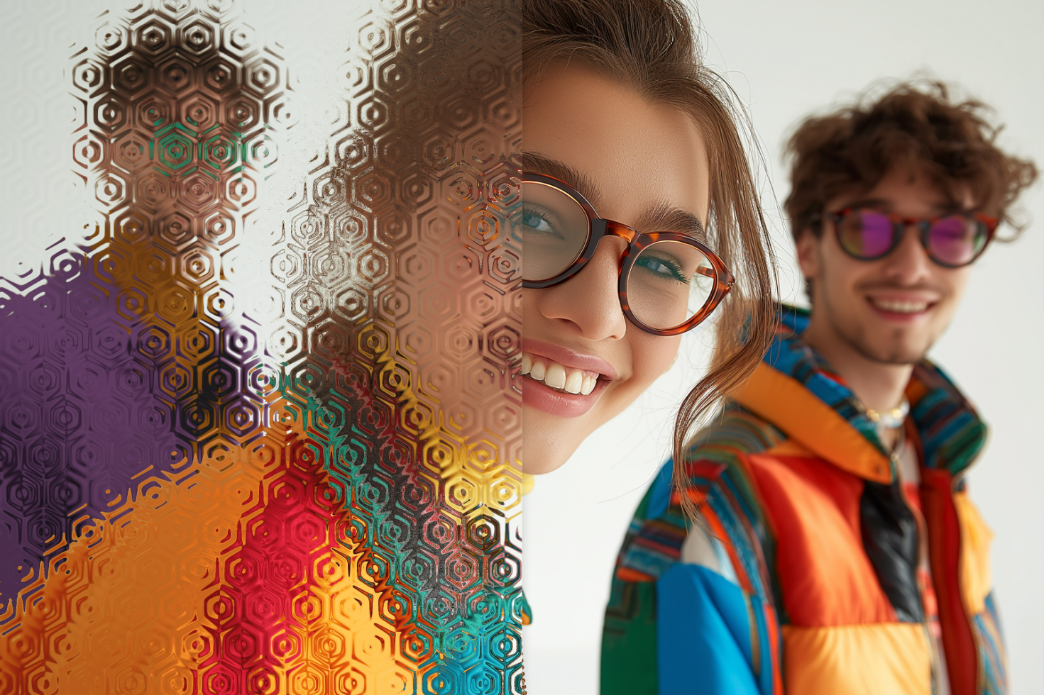 Young adults wearing colorful glasses and jackets, partially obscured by textured glass for creative graphic design mockup, fashion template, modern style