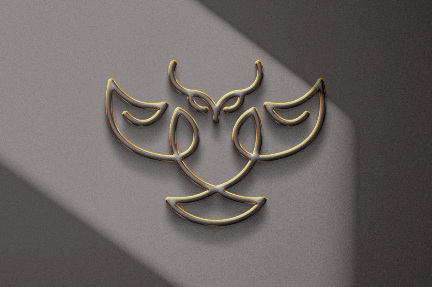 Minimalist abstract owl logo design in golden gradient, casting shadow on gray background. Ideal for designers in need of unique graphics and branding templates.