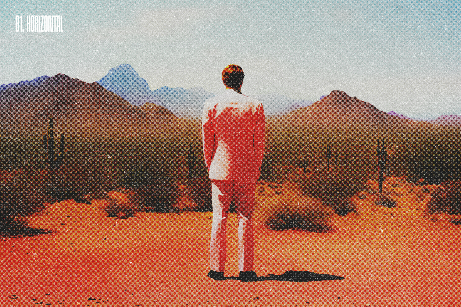 A person in patterned suit stands in a dotted pop art style desert landscape with mountains in the background suitable for graphic design templates, digital mockups