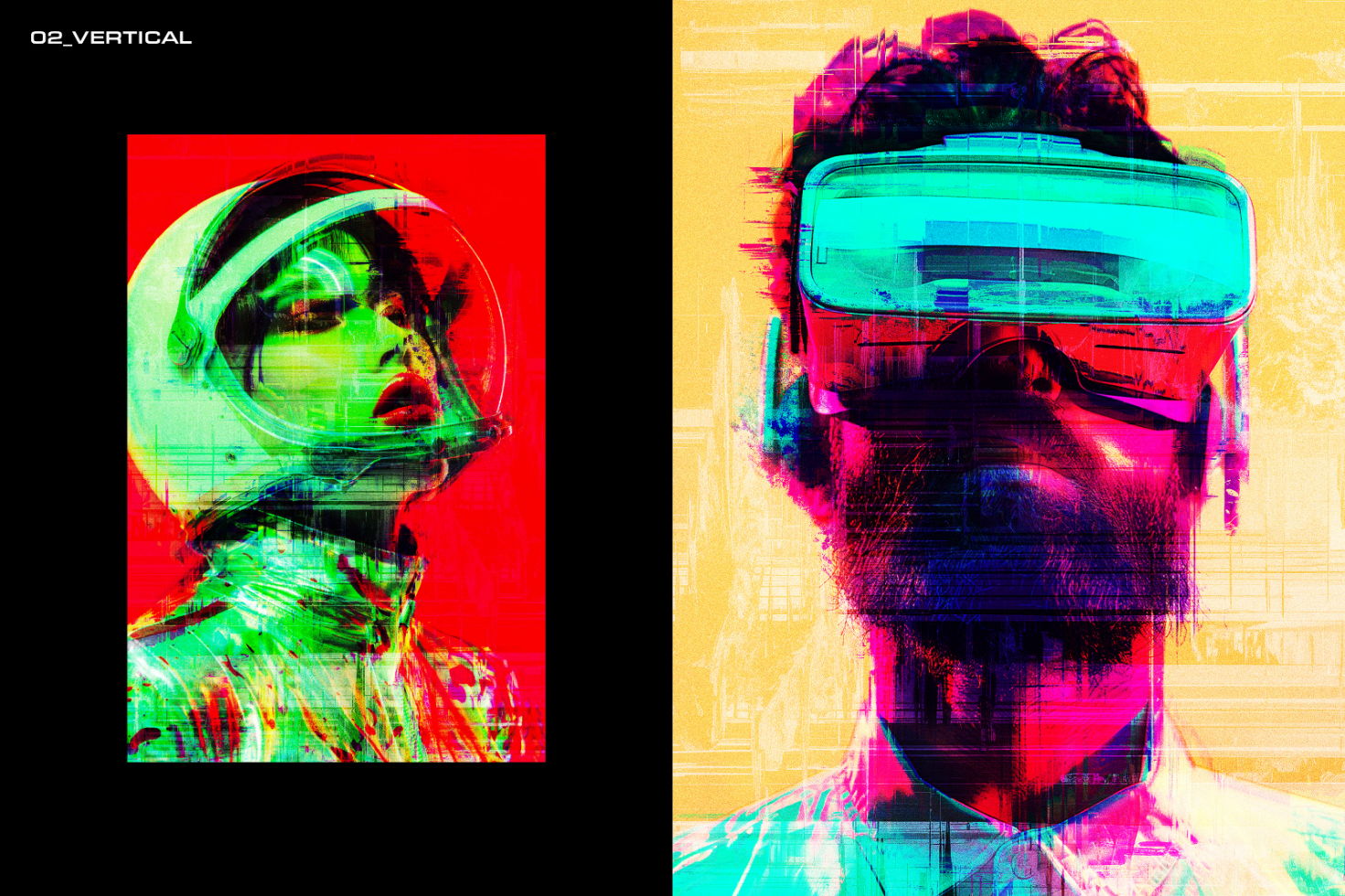 Futuristic digital art design featuring a woman in a spacesuit and a man wearing AR glasses vibrant neon colors suitable for graphics or templates.